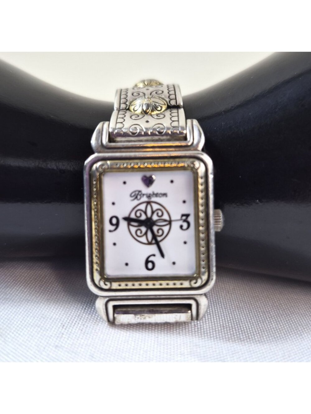 Brighton Vintage Silver Gold Two-Tone Bracelet Watch Floral Accents Square Face